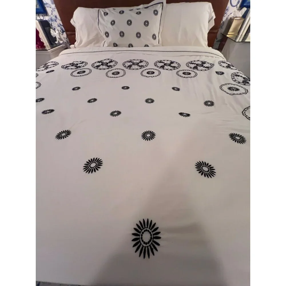 MARTHA STEWART King Size Duvet + 1 Sham Embroidered 100% Egyptian Cotton Black